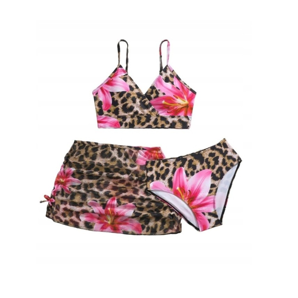 Girls Leopard Floral 3 Piece Swimsuit Bikini Sarong Set Pink Lily Size 12Y